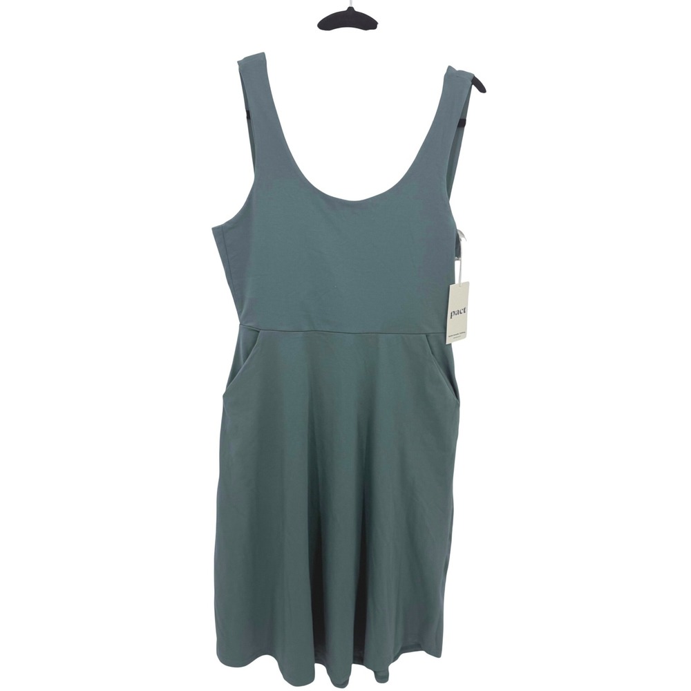 Pact Organic Cotton Fit Flare Dress Sage Green Tie Back Cutout Pockets Medium